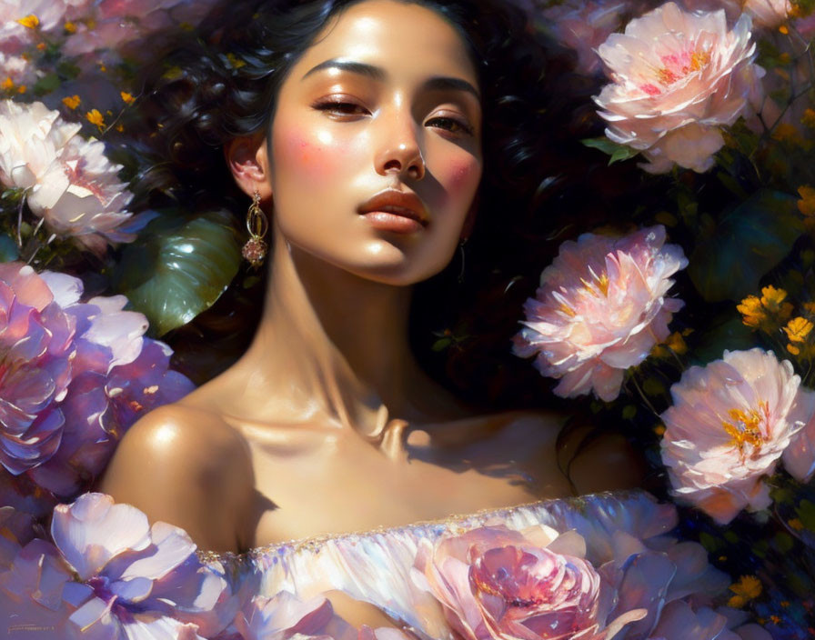 Woman surrounded by blooming flowers in soft lighting