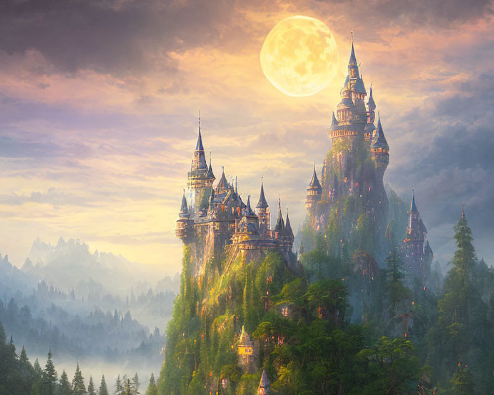 Mystical castle on lush green cliff under full moon