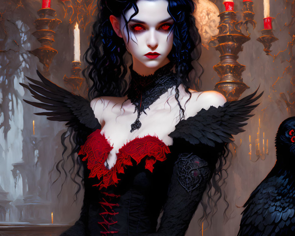 Gothic female character with pale skin, black hair, red eyes, and black raven in