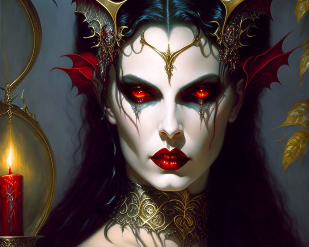 Gothic fantasy portrait of female figure with red eyes and ornate headpiece