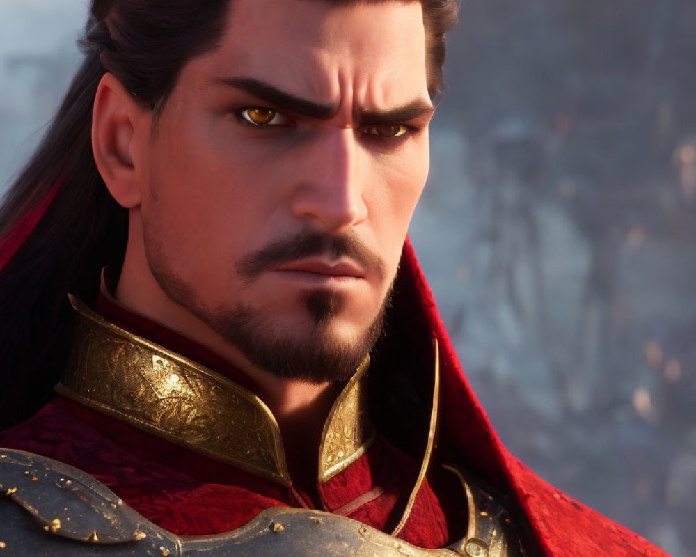 Animated male character with long black hair and red cape in ornate armor - close-up view