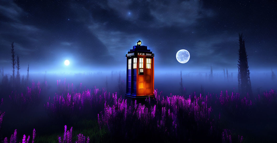 Mystical night landscape with TARDIS, moon, sun, and purple flowers