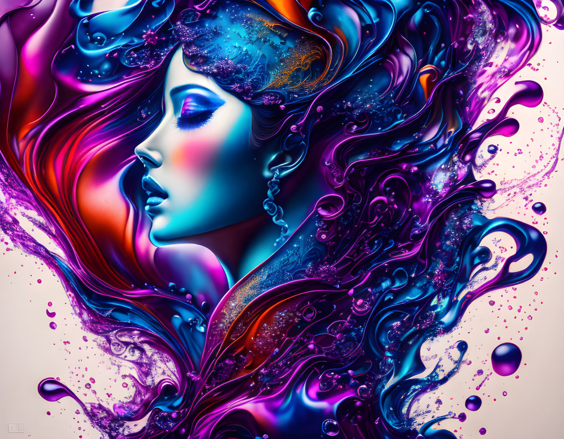 Colorful digital artwork: Woman with flowing hair and ornate details on liquid background