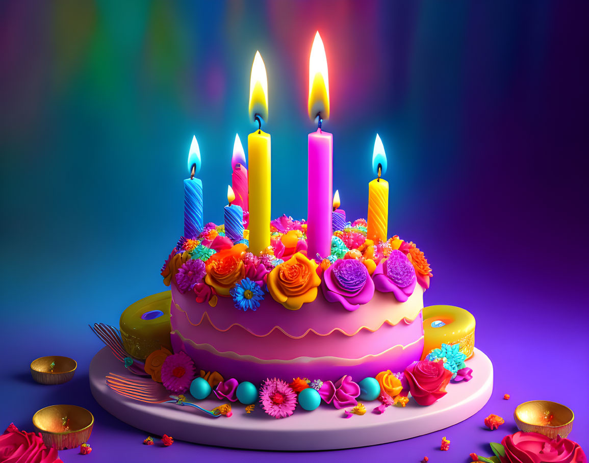 Colorful birthday cake with candles and flowers on purple background
