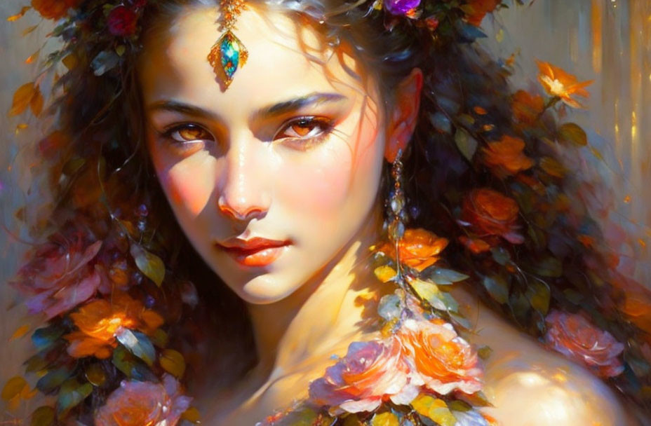 Digital painting of woman with floral decorations in warm sunlight