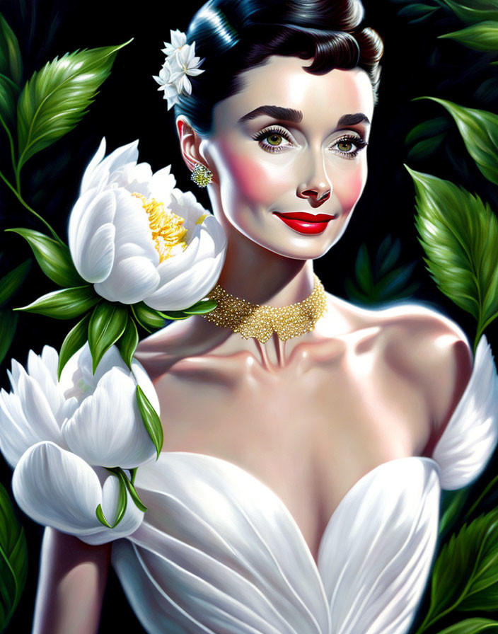 Illustrated portrait of elegant woman with white flower, earrings, and choker in lush green setting.
