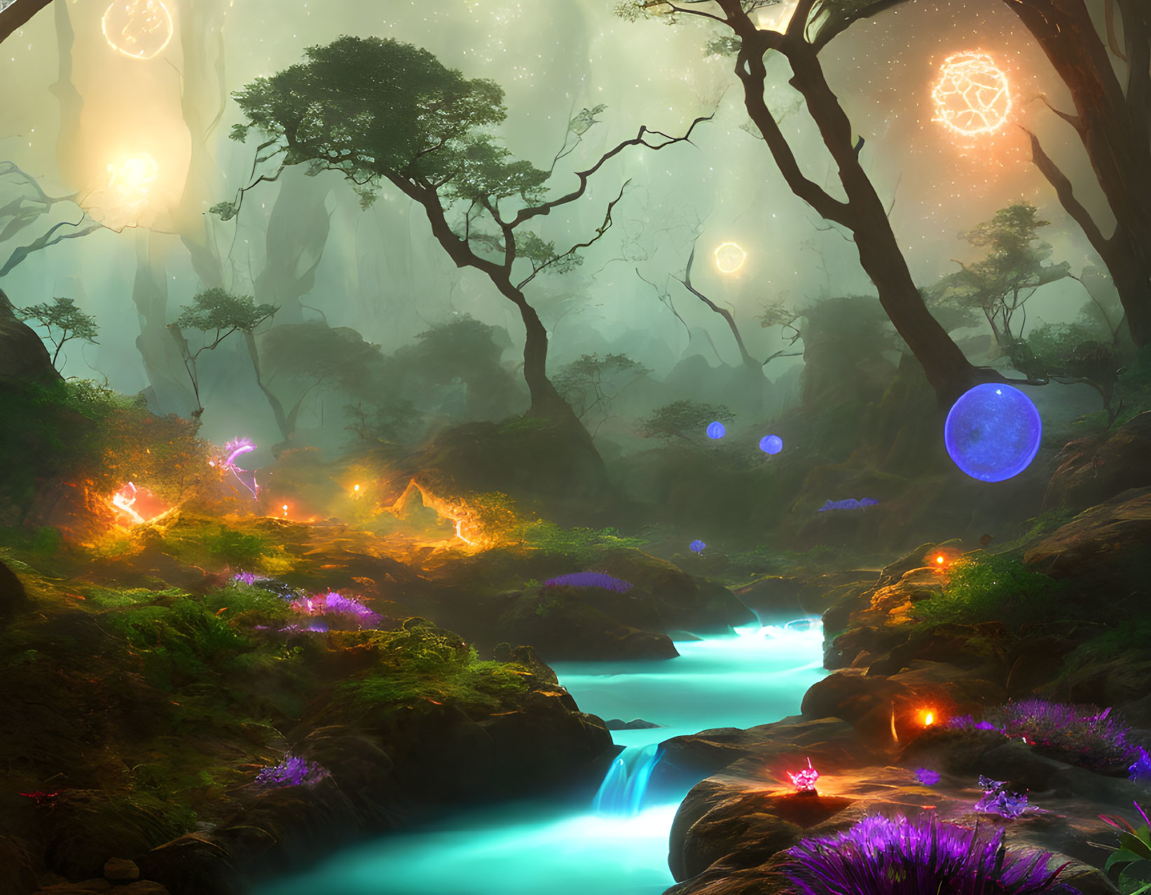 Enchanted Forest with Glowing Flora and Blue Stream