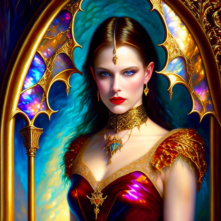 Illustrated Woman with Blue Eyes in Red Dress and Gold Jewelry on Ornate Background
