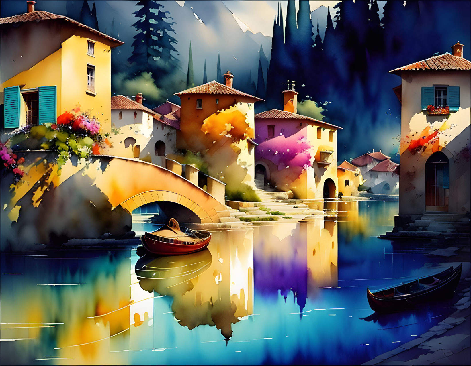 Vibrant stylized artwork of idyllic village with colorful houses, stone bridge, and boats