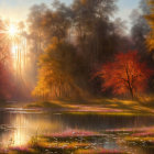 Autumn forest with sunburst, red trees, mist, and serene lake