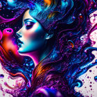 Colorful digital artwork: Woman with flowing hair and ornate details on liquid background