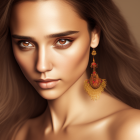 Digital Portrait: Woman with Deep Brown Eyes and Autumn Leaves, Soft Lighting