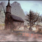 Village landscape at sunrise with churches, houses, trees, mountains, and castle in mist