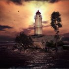 Lighthouse on rugged coastline at twilight with stars and red algae-covered rocks