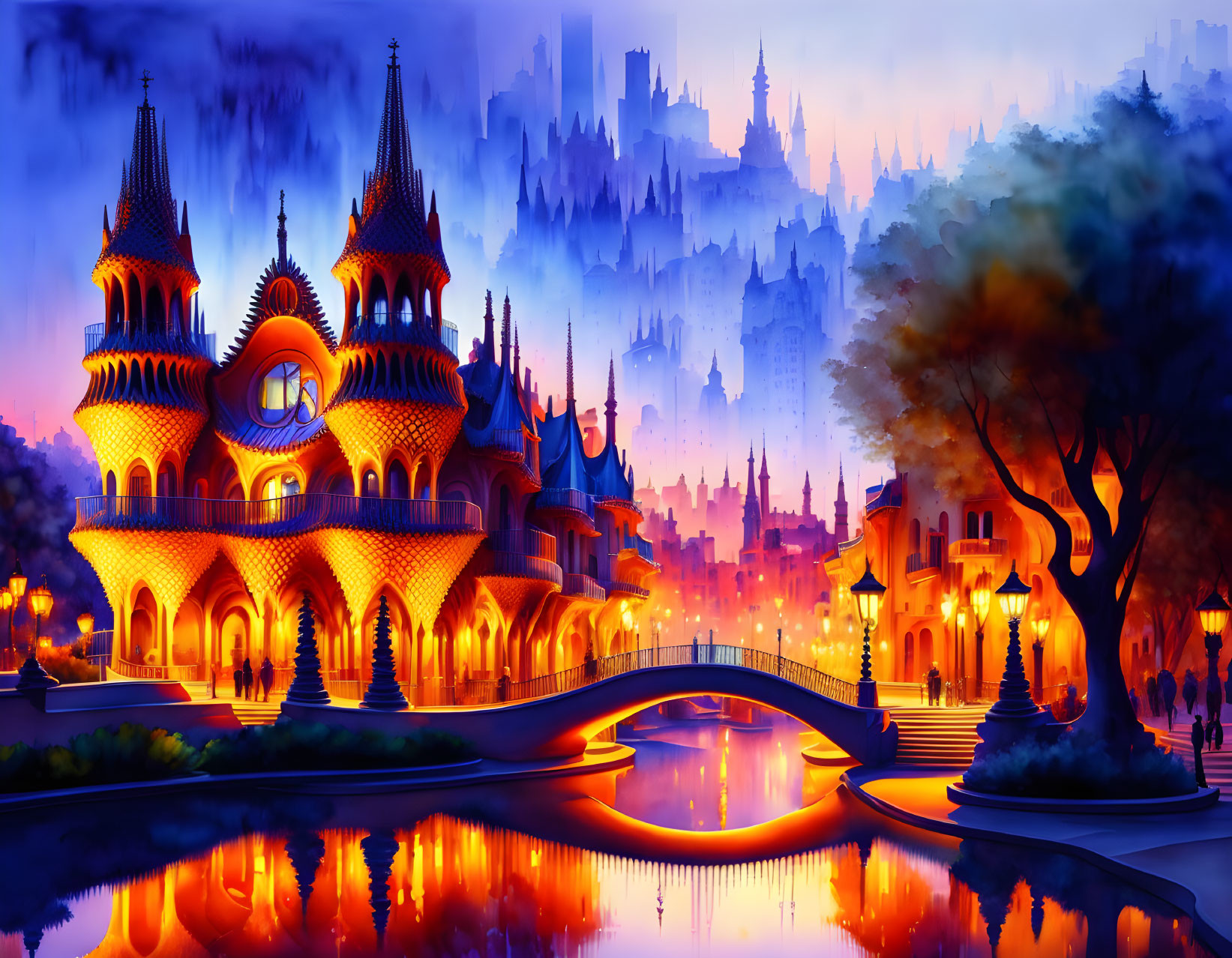 Fantasy castle with glowing orange lights and silhouetted spires at twilight