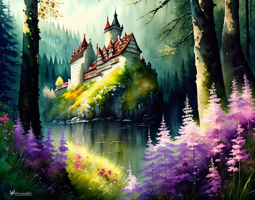 Vibrant watercolor painting of fairytale castle in lush forest