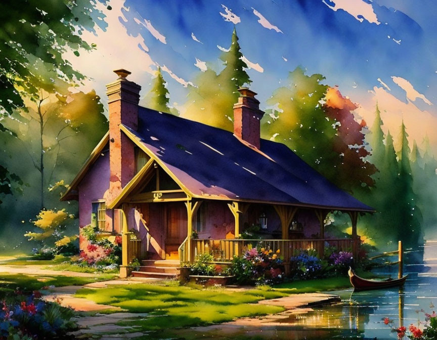 Tranquil watercolor painting of cottage, landscape, skies, and river