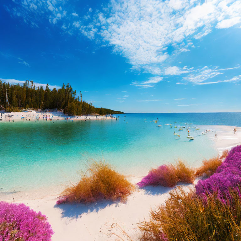 Vibrant beach scene with turquoise waters, white sands, purple flowers, beachgoers, and