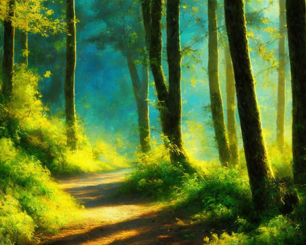Lush Green Forest with Sunlit Dirt Path