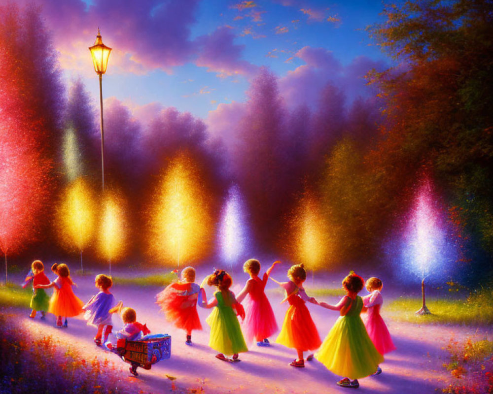 Group of children under lamppost at dusk with colorful trees & toy wagon