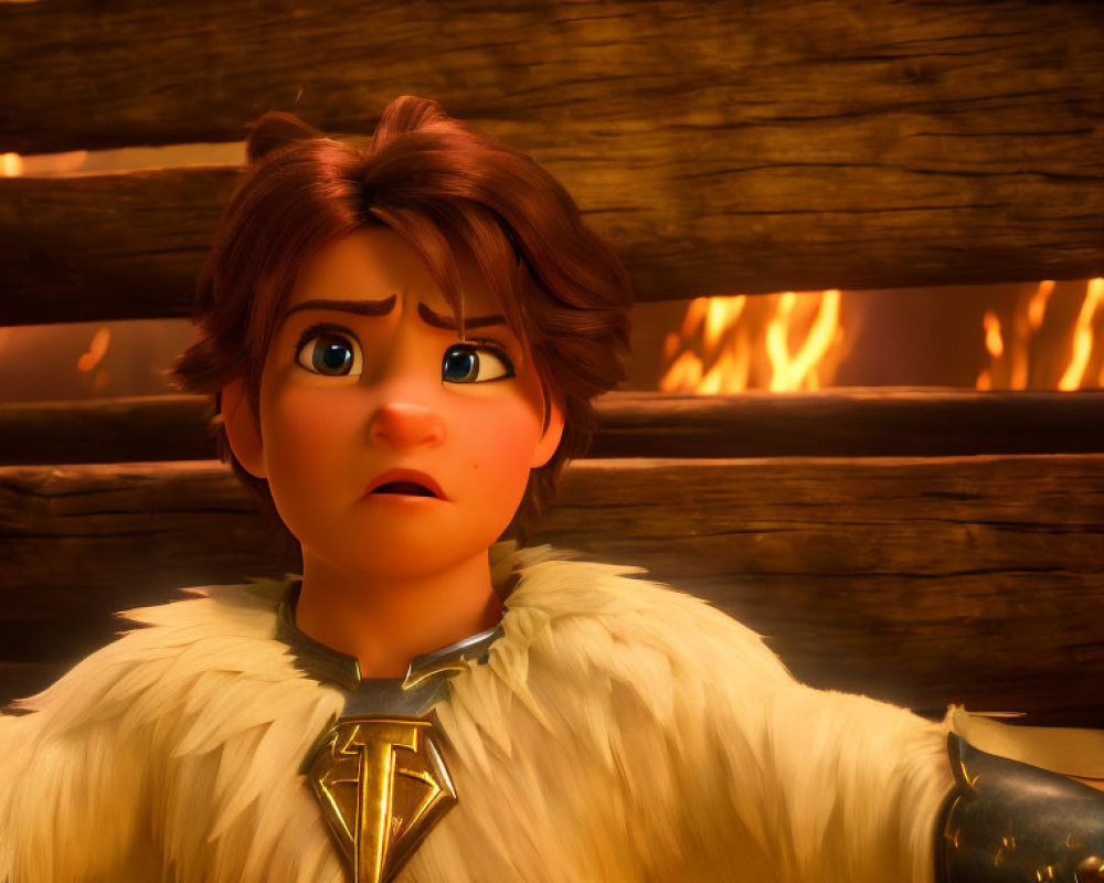 Brown-haired animated character in fur-lined armor against fiery backdrop