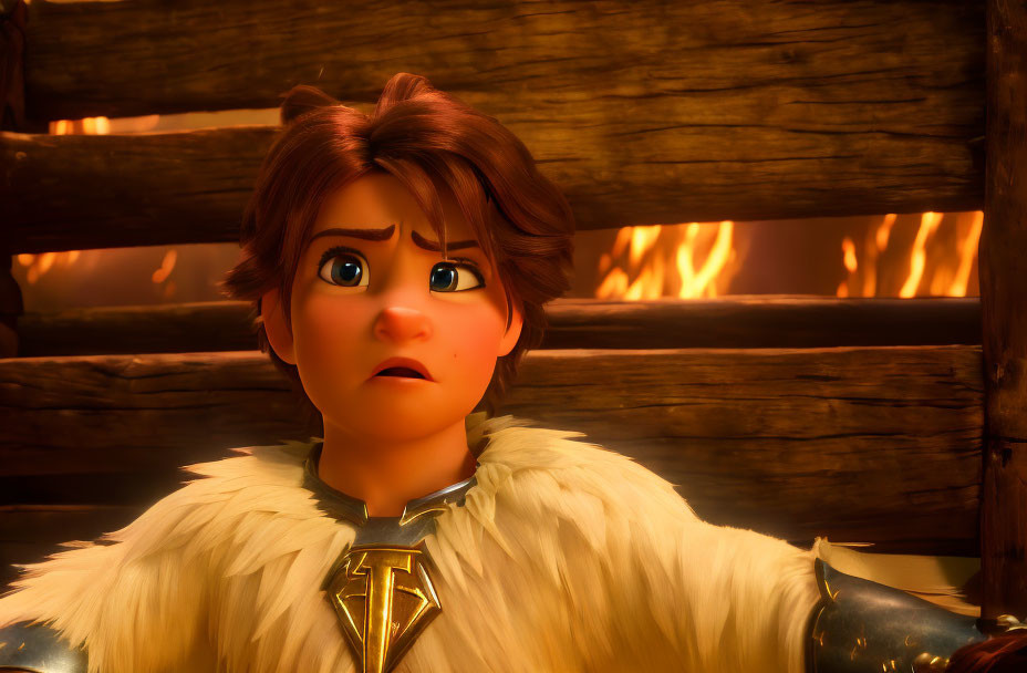 Brown-haired animated character in fur-lined armor against fiery backdrop