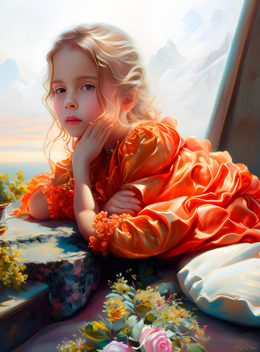 Young girl in orange dress surrounded by flowers and mountains.