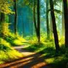 Lush Green Forest with Sunlit Dirt Path
