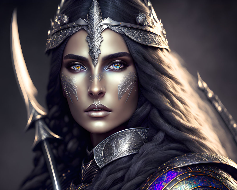 Detailed digital portrait of fantasy female warrior in silver armor with crown and blue eyes, holding spear on dark