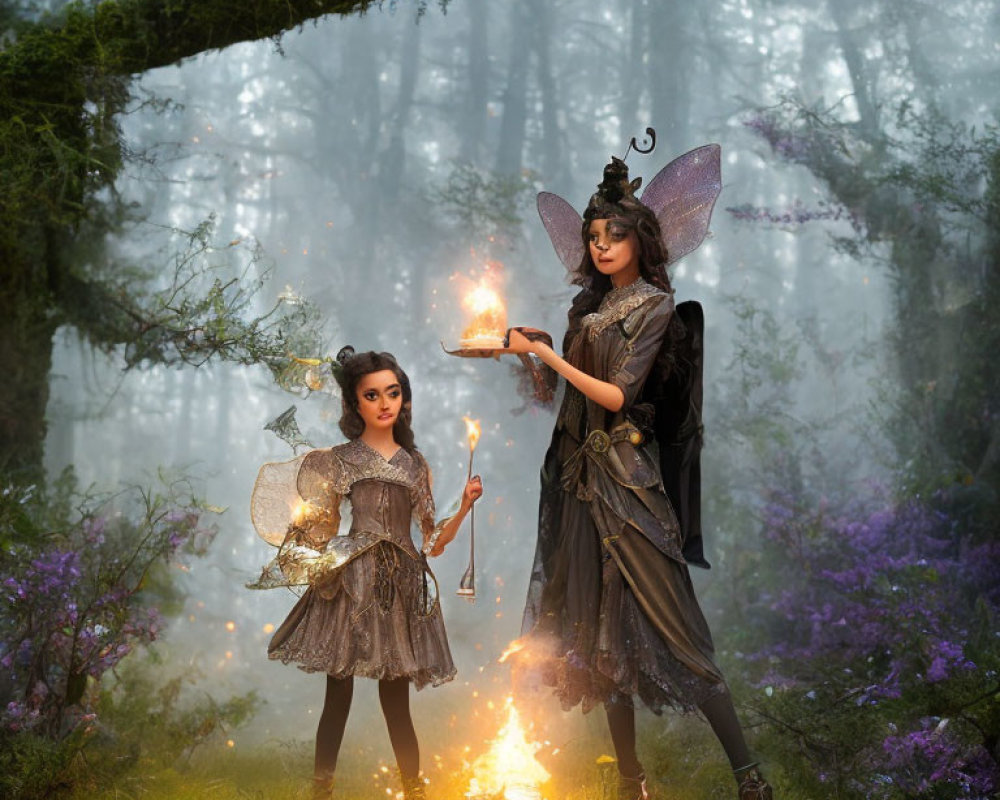 Children in fairy costumes with wand and candle in enchanted forest with purple flowers.