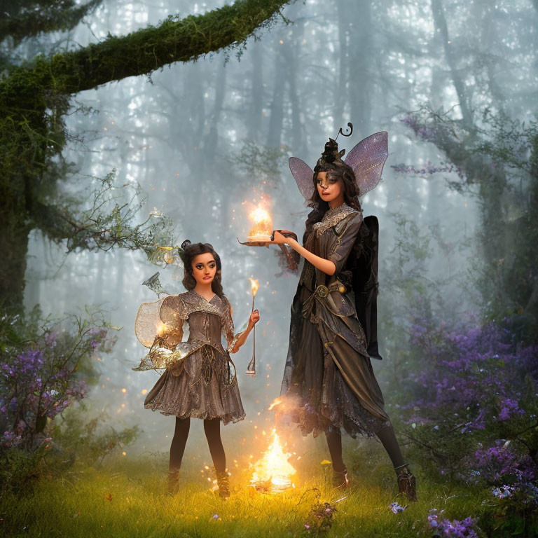Children in fairy costumes with wand and candle in enchanted forest with purple flowers.