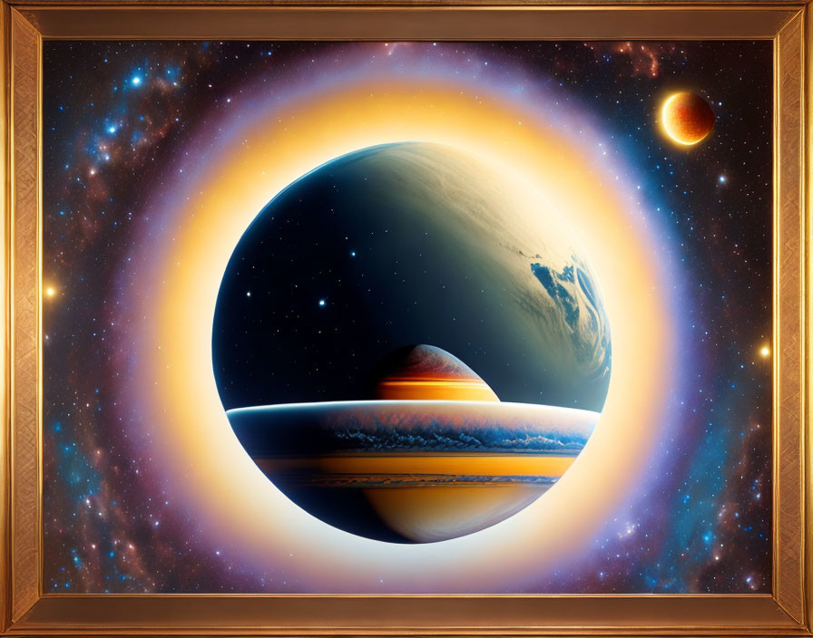 Framed Cosmic Artwork: Large Planet with Rings, Small Planet, Distant Sun, Star