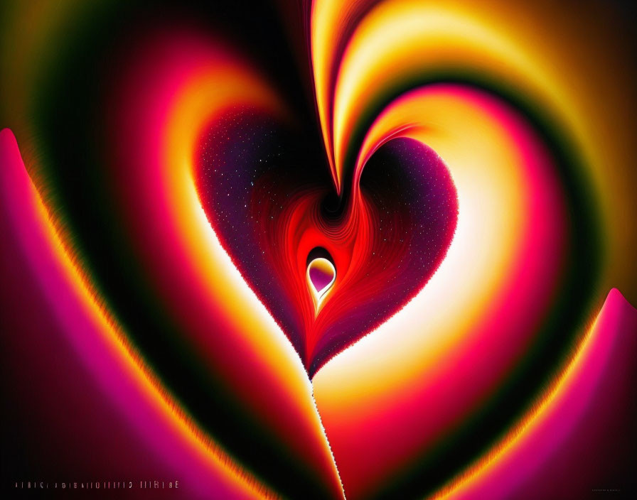 Colorful fractal heart art in pink, red, and yellow on black background