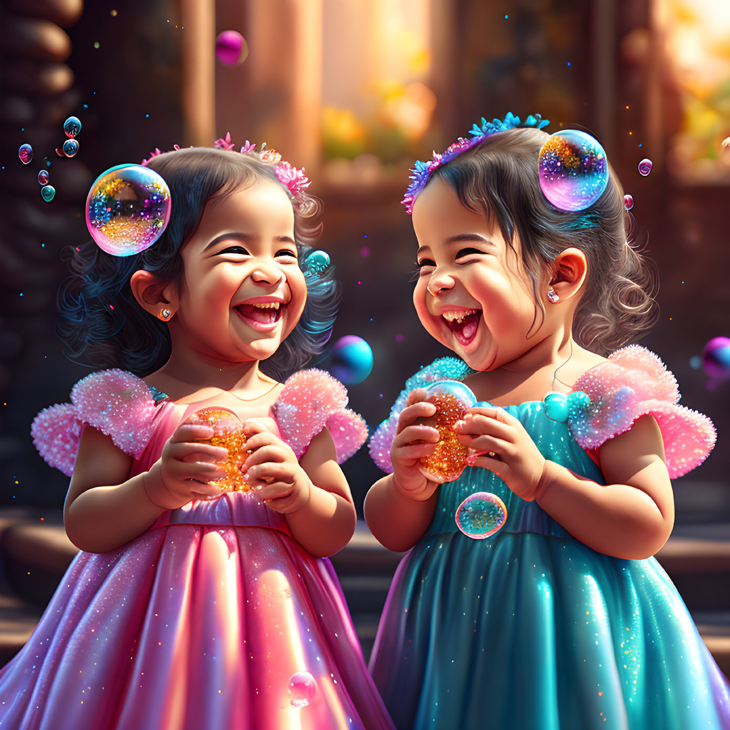 Two girls in sparkly dresses and tiaras playing with bubbles in a magical setting