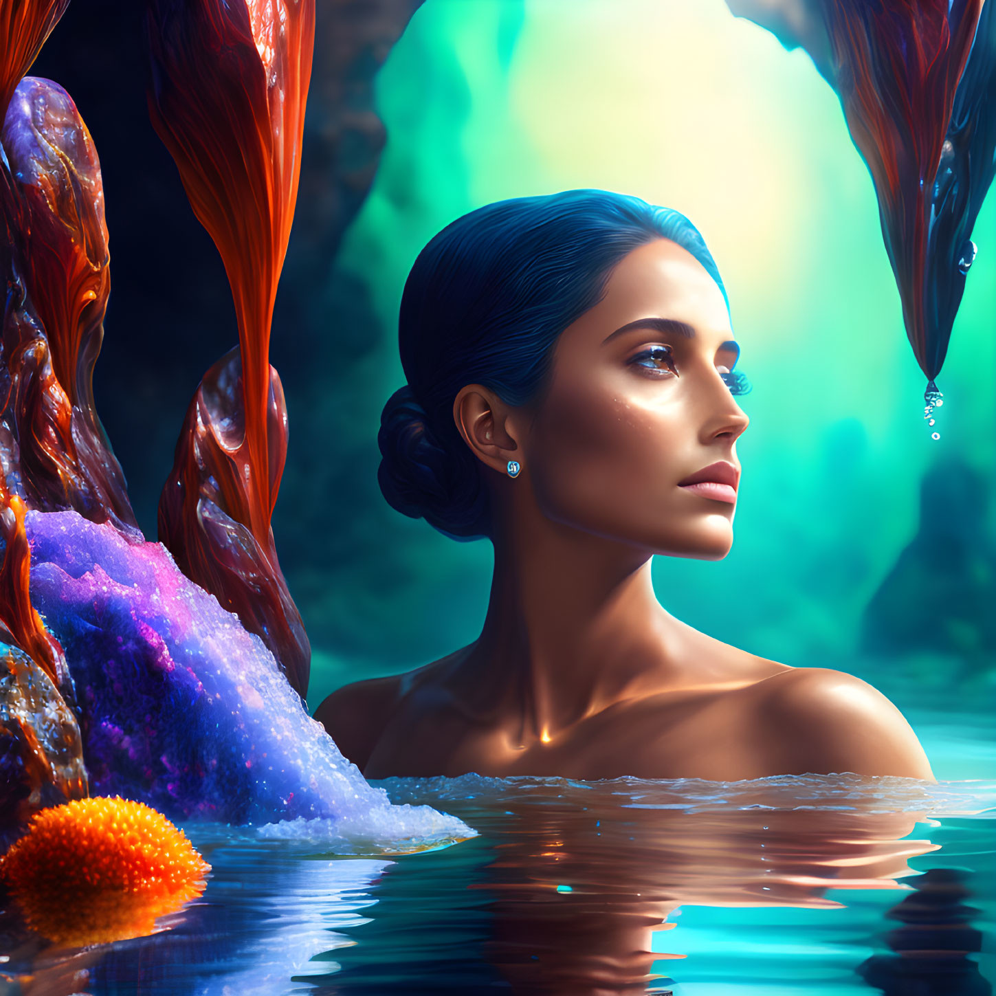 Woman in Water Surrounded by Vibrant Underwater Flora