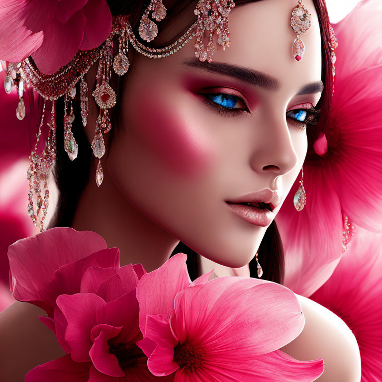 Close-Up of Stylized Woman with Blue Eyes and Pink Gemstone Jewelry Among Pink Flowers