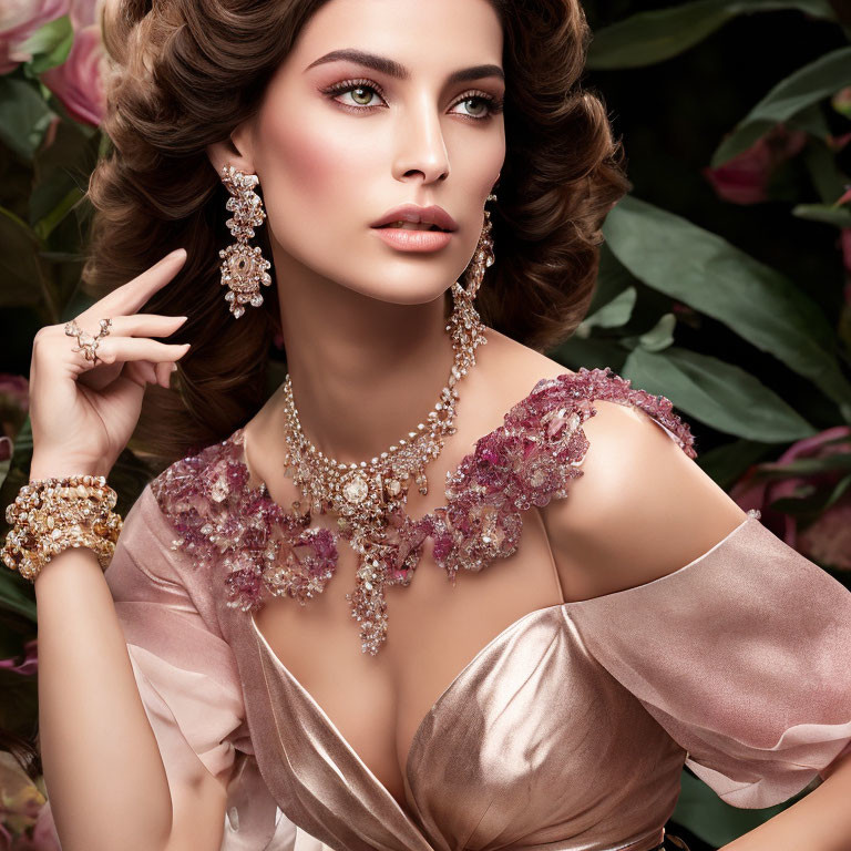 Woman in elegant jewelry poses among flowers with captivating gaze and accentuated makeup