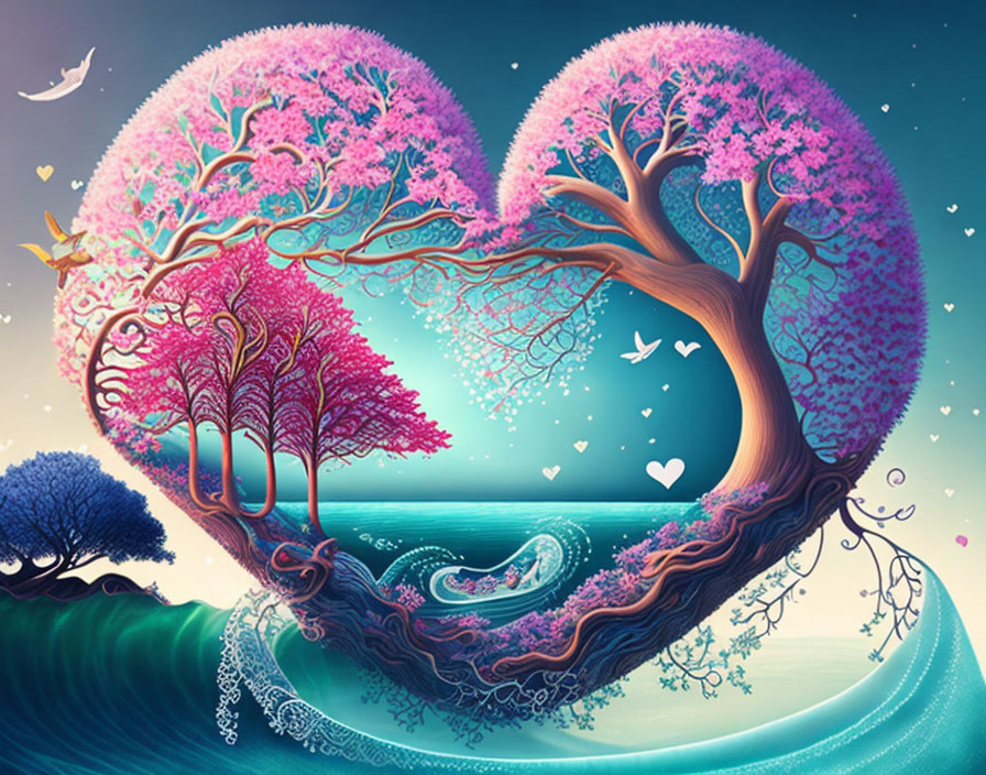 Fantastical illustration of intertwined heart-shaped trees in tranquil blue landscape