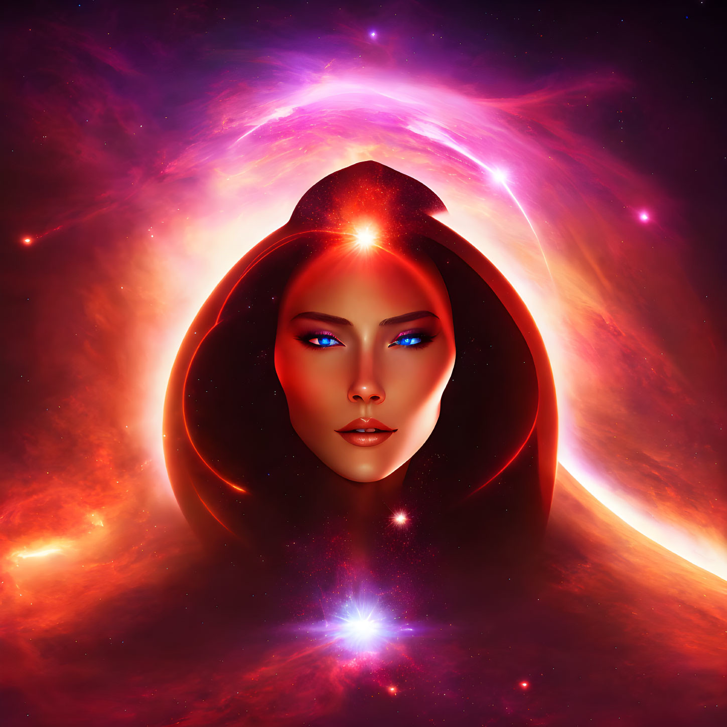 Cosmic digital artwork of a woman's face with nebula and stars