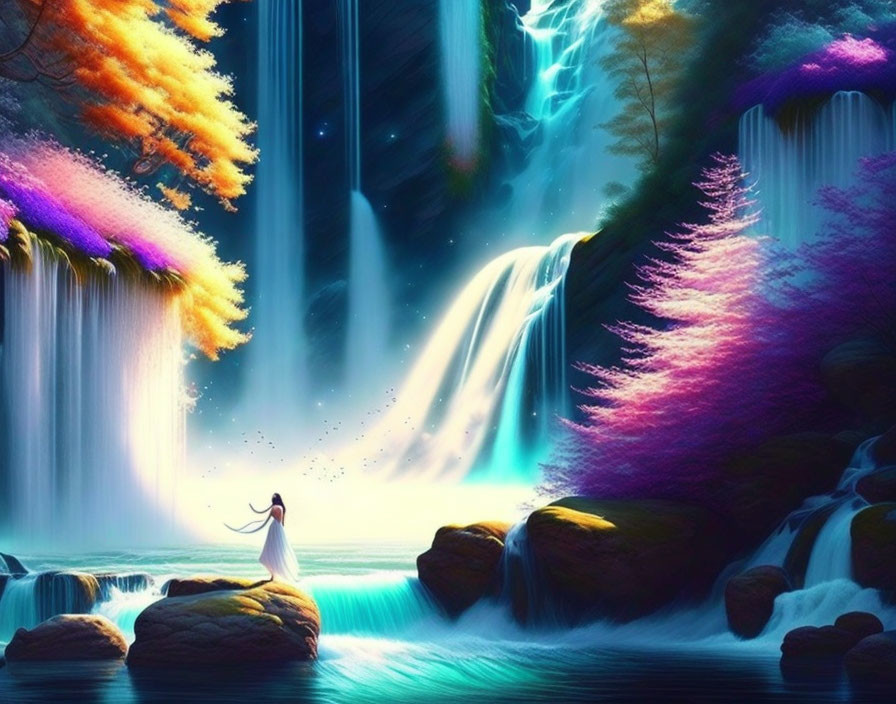 Person in white surrounded by vibrant waterfalls and foliage in mystical forest