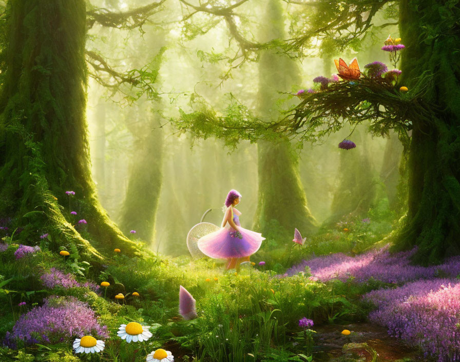 Childlike figure in whimsical forest glade with butterflies & flowers