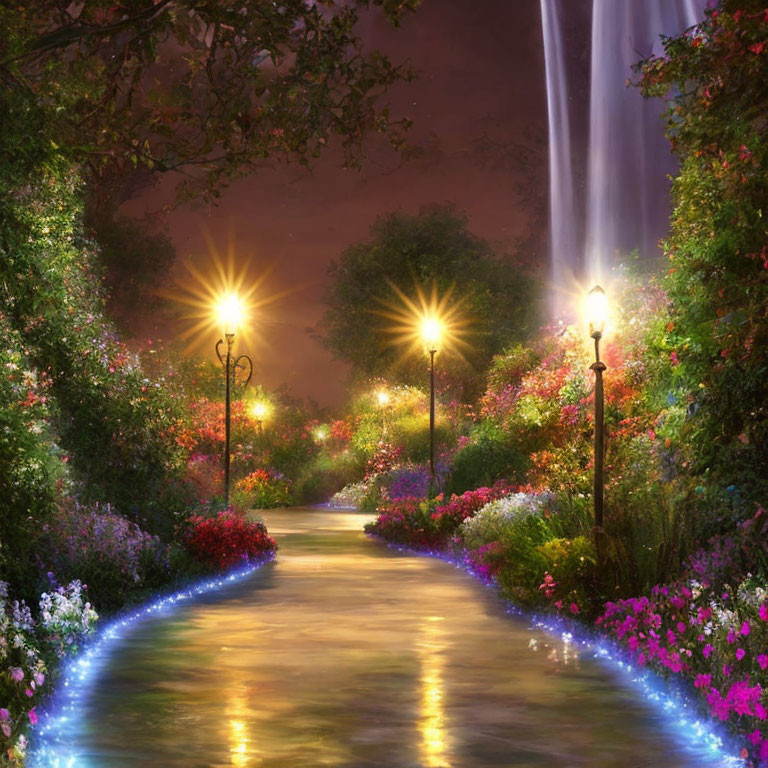 Nighttime Garden Path with Glowing Lampposts, Flowers, and Waterfall