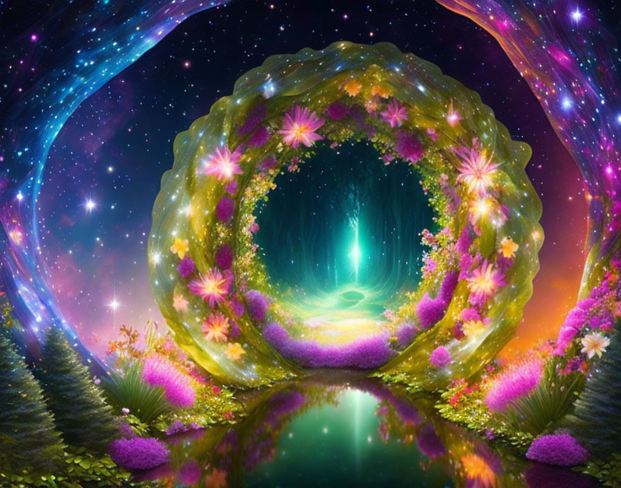 Colorful landscape with floral arch and mystical portal under starry sky