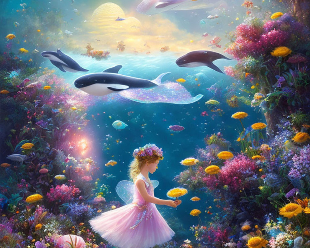 Young girl in pink tutu explores whimsical, flower-filled world with glowing orbs and flying whales.
