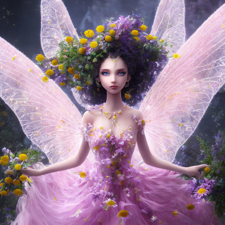 Fantasy illustration of a fairy with pink wings and floral attire