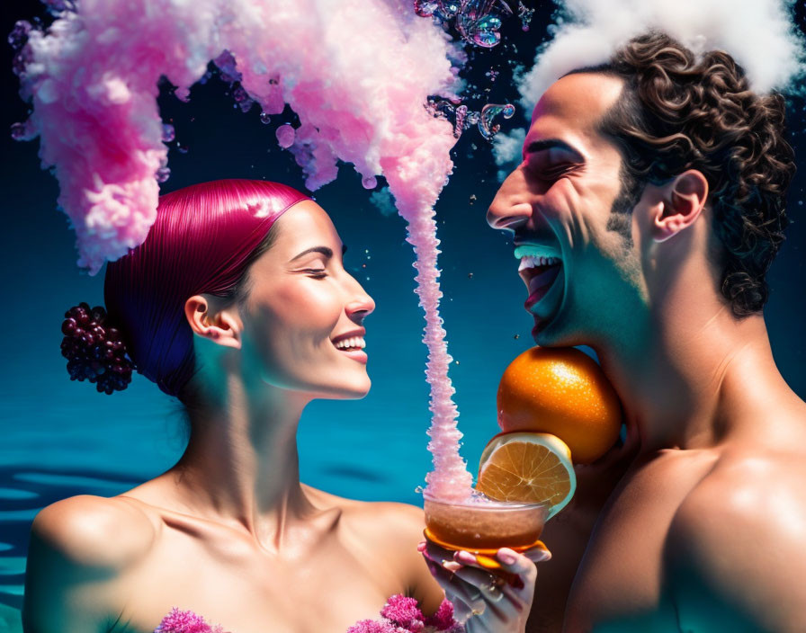 Vibrant underwater scene with man and woman surrounded by colorful fruits and pink bubbles