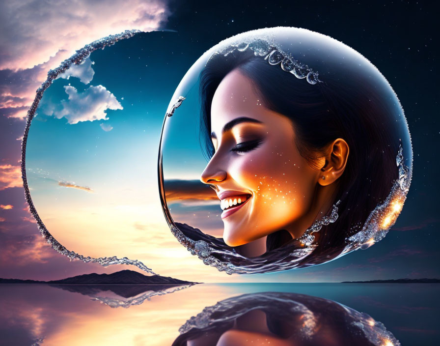 Surreal image: Woman's profile in water bubble against twilight sky