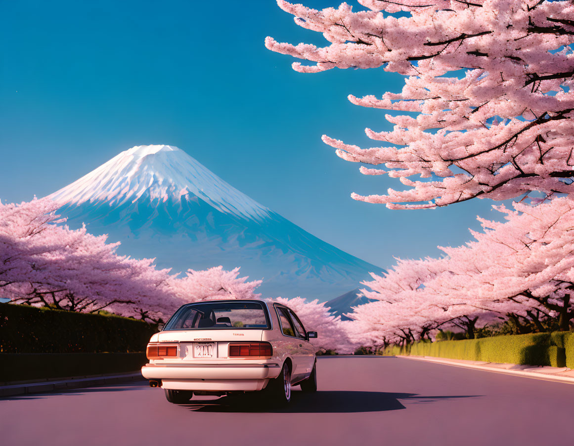Vintage car on cherry blossom road with Mount Fuji backdrop.