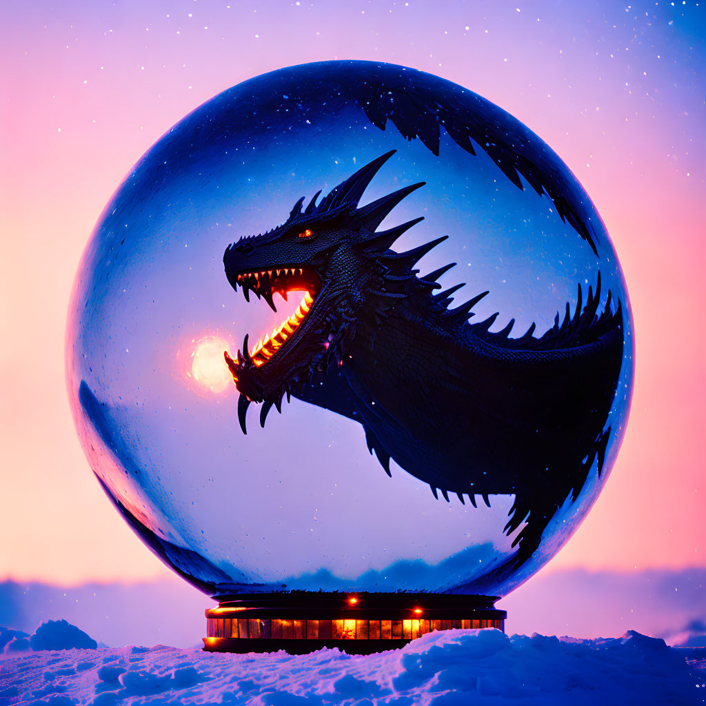 Dragon in snow globe under twilight sky with glowing base on snowy landscape