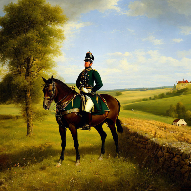 Military person on horse in rural landscape with trees and buildings under blue sky